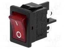 ROCKER, DPST, Pos  2, ON-OFF, 6A/250VAC, red, neon lamp, 250V, 50m