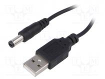 Cable, USB A plug,DC 5,5/2,1 plug, straight, black, 0.8m, 5÷50C